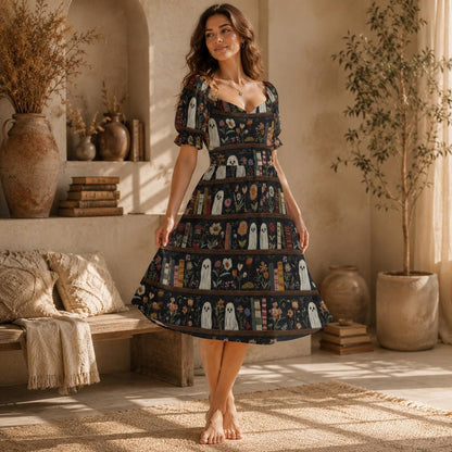Haunted Bookshelf Midi Dress, Ghost Floral Book Lover, Spooky Library Sweetheart Style