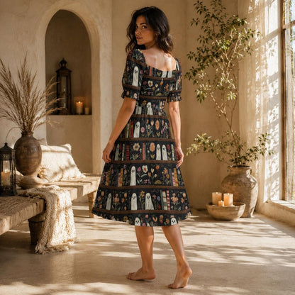 Haunted Bookshelf Midi Dress, Ghost Floral Book Lover, Spooky Library Sweetheart Style