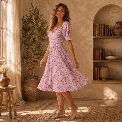 Pink Spiderweb Midi Dress, Pastel Goth Puff Sleeve, Sweetheart Neckline Halloween