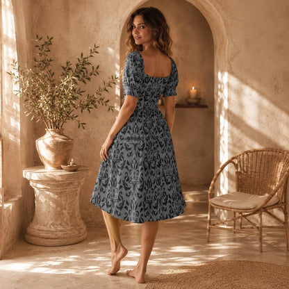 Victorian Damask Dress, Baroque Sweetheart Midi, Gray Goth Occasion Wear