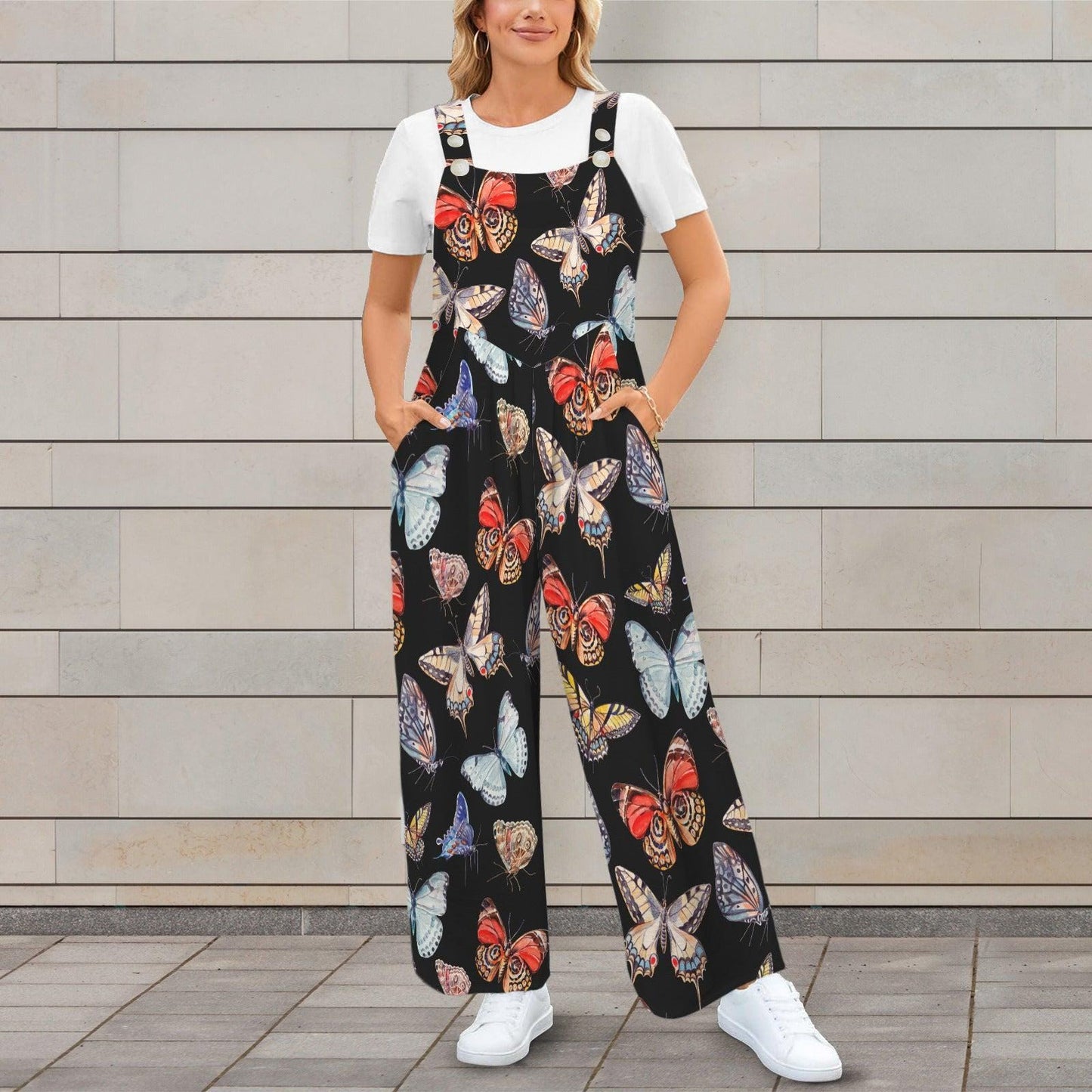 Butterfly Print Wide Leg Jumpsuit, Nature Boho Outfit, Garden Party Vacation Wear