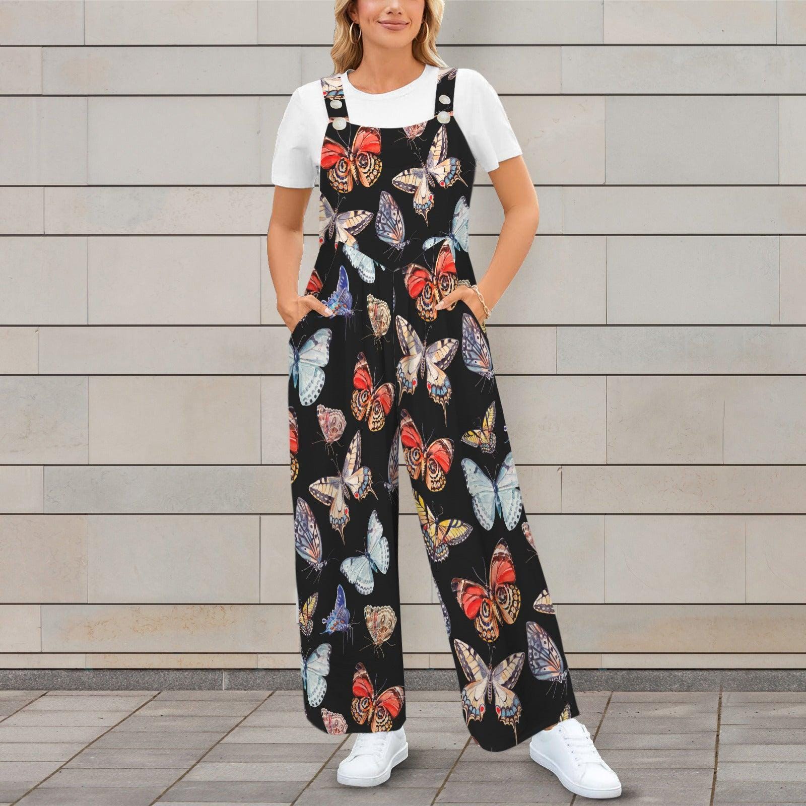 Butterfly Print Wide Leg Jumpsuit, Nature Boho Outfit, Garden Party Vacation Wear