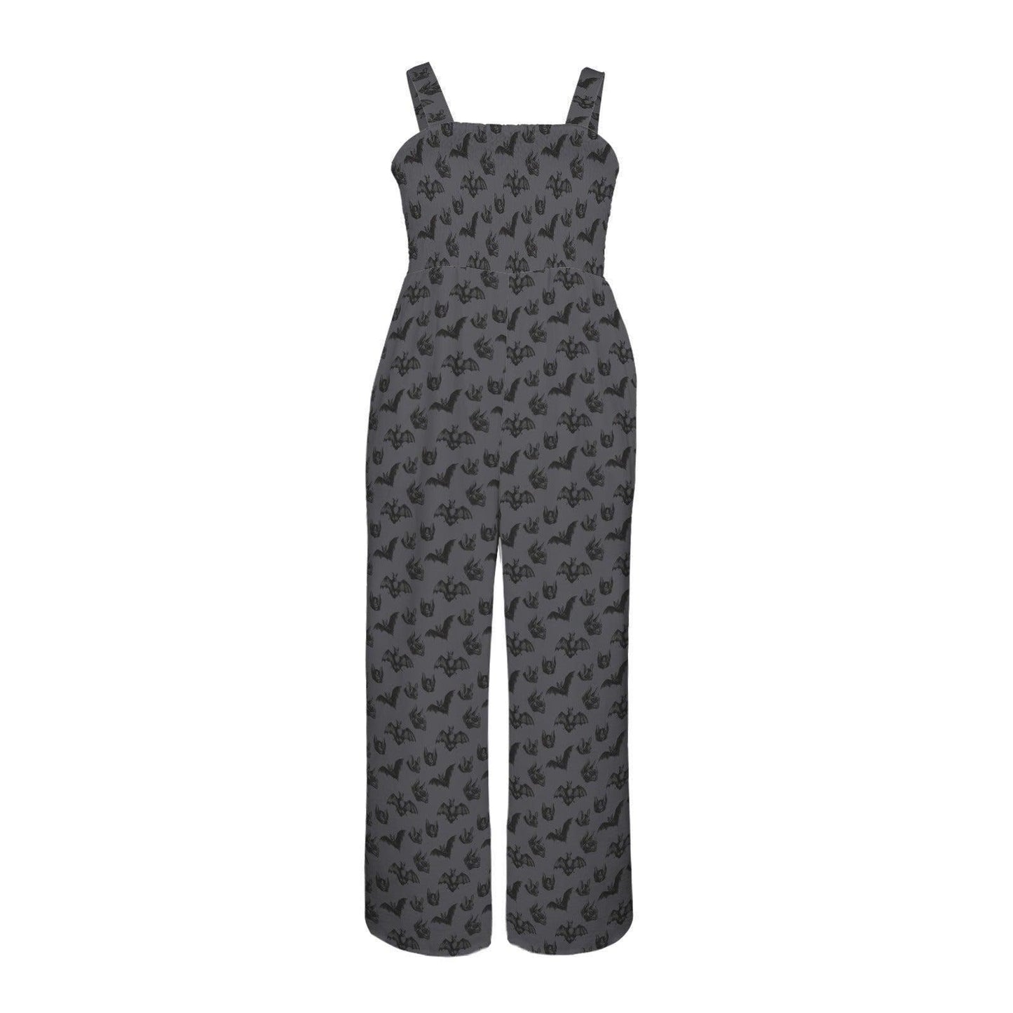 Women's Charcoal Bat Print Wide Leg Jumpsuit, Dark Romance Romper