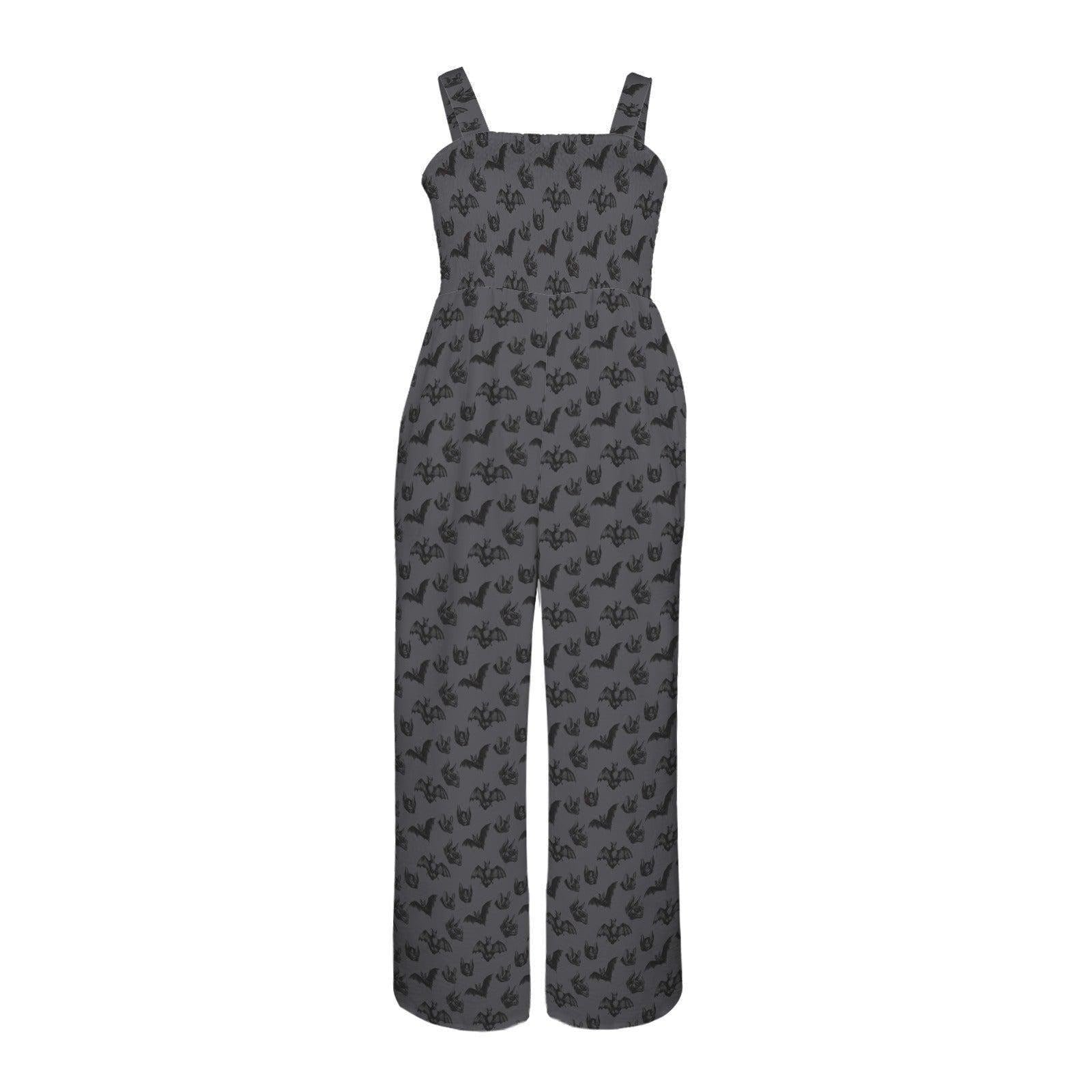 Women's Charcoal Bat Print Wide Leg Jumpsuit, Dark Romance Romper