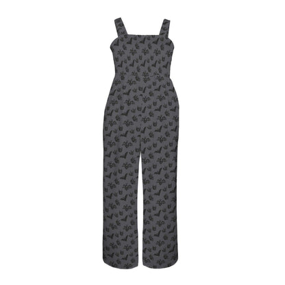 Women's Charcoal Bat Print Wide Leg Jumpsuit, Dark Romance Romper