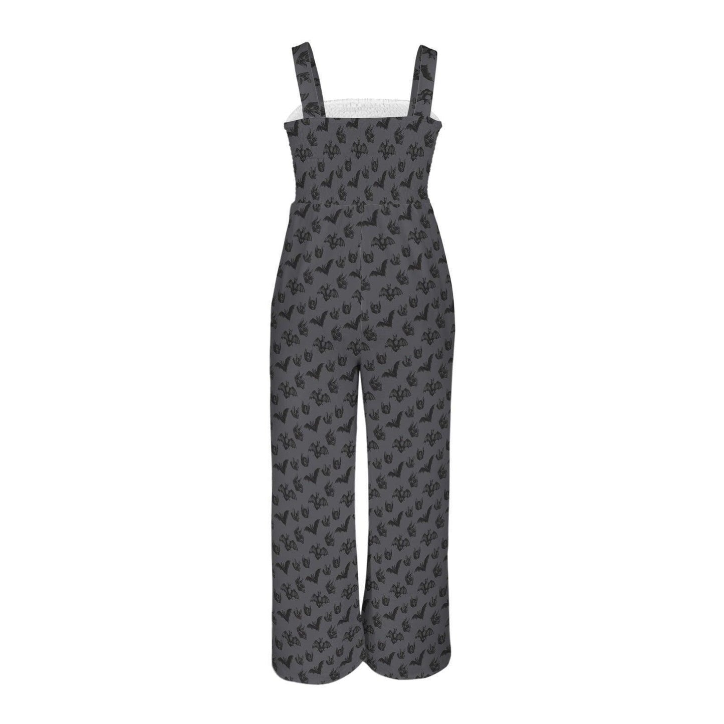 Women's Charcoal Bat Print Wide Leg Jumpsuit, Dark Romance Romper