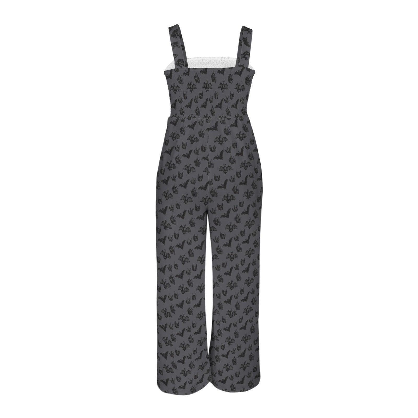 Women's Charcoal Bat Print Wide Leg Jumpsuit, Dark Romance Romper