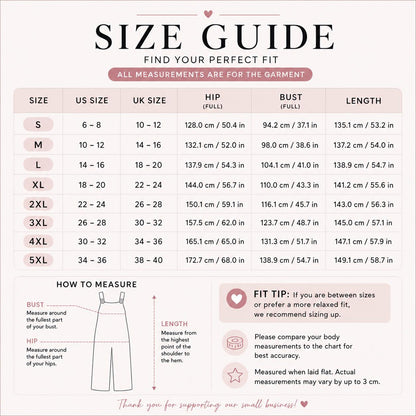 The image is a size guide that provides information on how to measure for different sizes of clothing, including bust, hips, and length. It includes a chart with measurements and corresponding sizes, along with a step-by-step guide on how to measure one's bust, hips, and length.