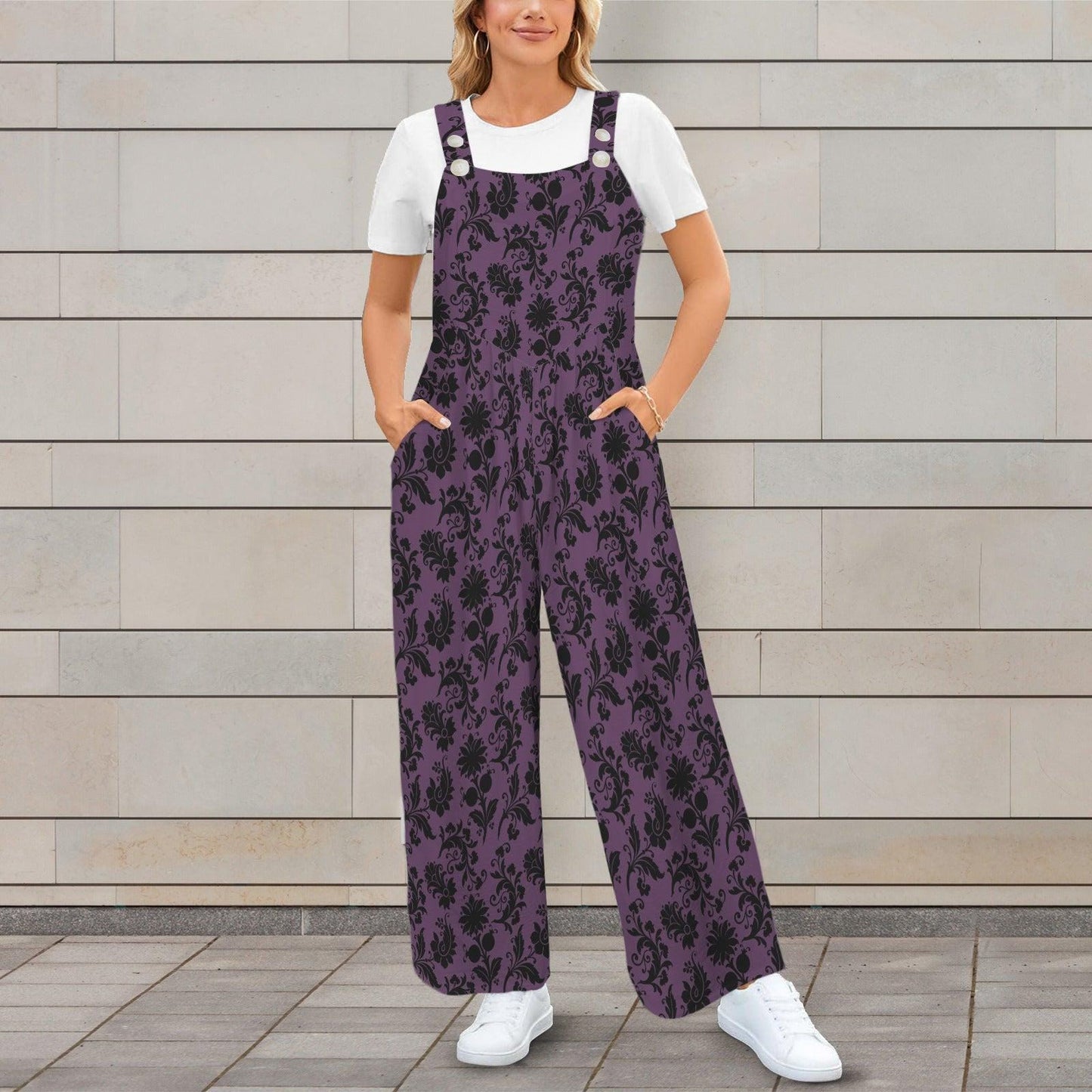 Gothic Floral Overalls for Women, Purple Wide Leg Jumpsuit, Dark Boho Outfit with Pockets