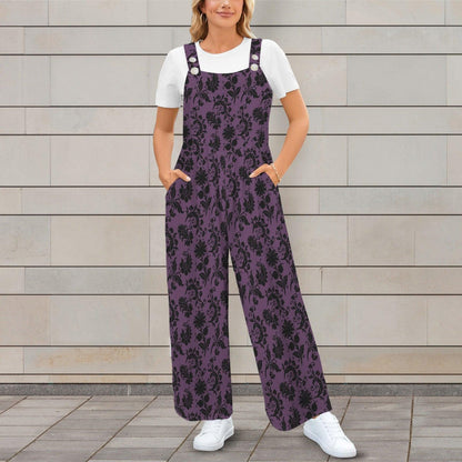 Gothic Floral Overalls for Women, Purple Wide Leg Jumpsuit, Dark Boho Outfit with Pockets