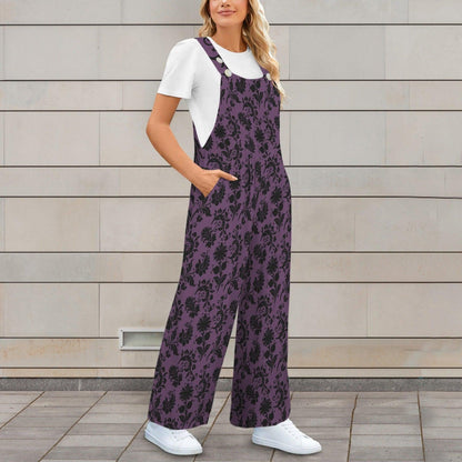 Gothic Floral Overalls for Women, Purple Wide Leg Jumpsuit, Dark Boho Outfit with Pockets