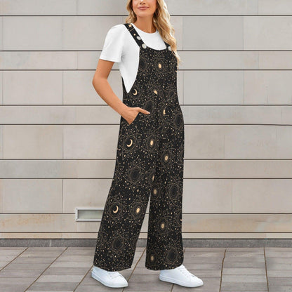 Celestial Moon Sun Wide Leg Jumpsuit, Boho Astrology Print Dungarees, Festival Travel Outfit