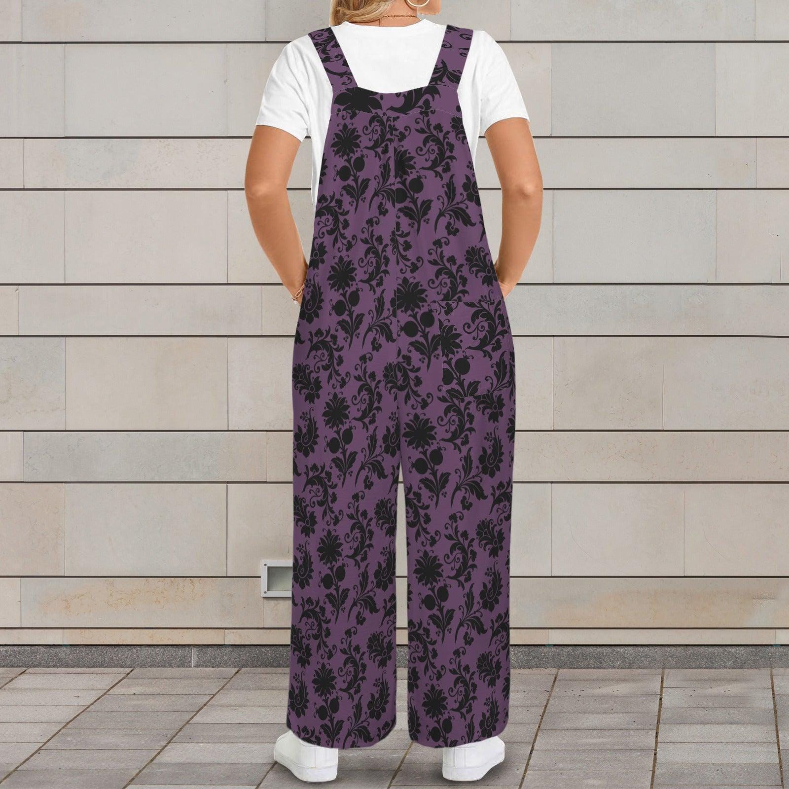 Gothic Floral Overalls for Women, Purple Wide Leg Jumpsuit, Dark Boho Outfit with Pockets
