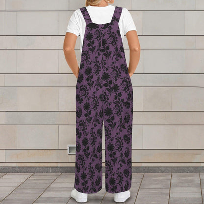 Gothic Floral Overalls for Women, Purple Wide Leg Jumpsuit, Dark Boho Outfit with Pockets