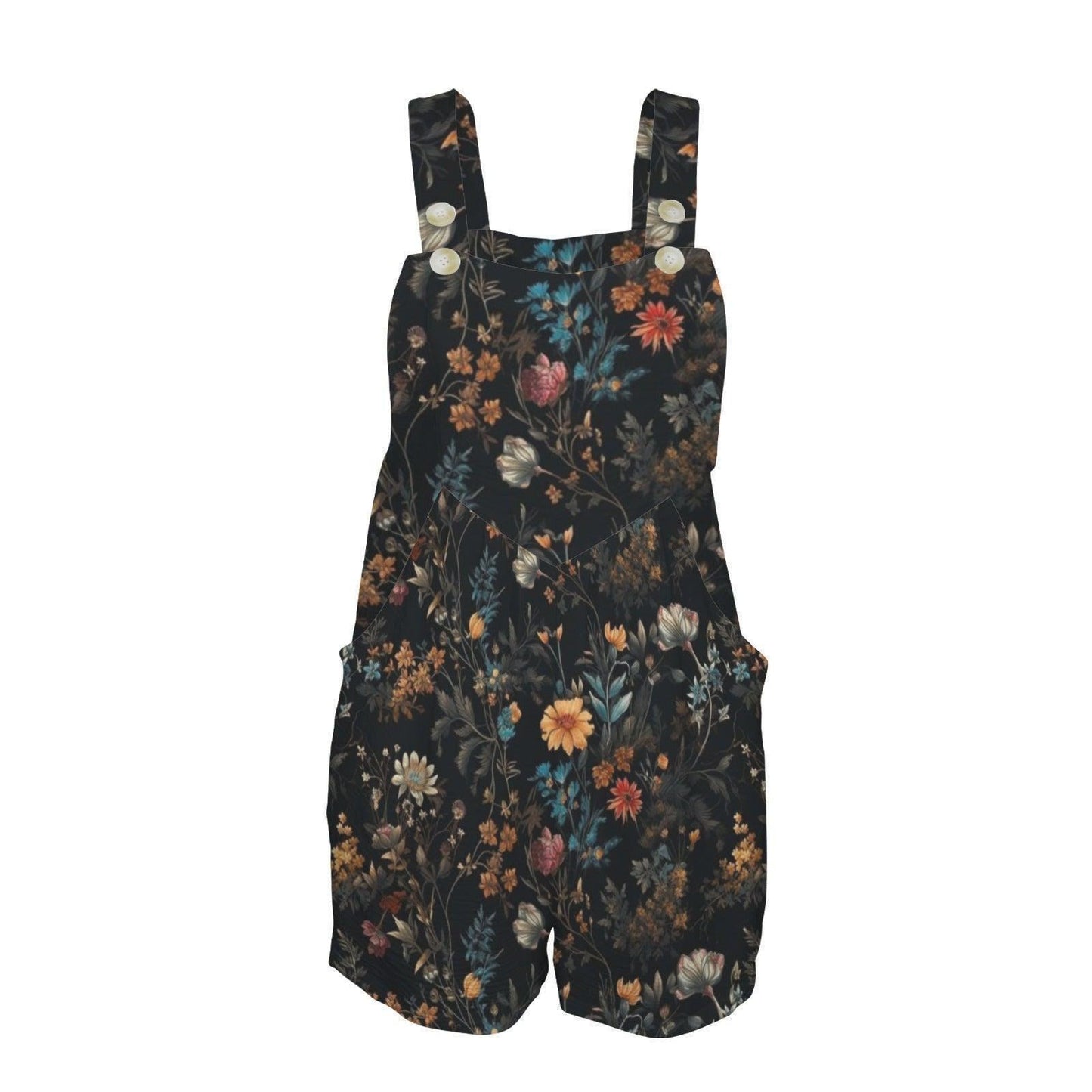 Dark Floral Romper, Boho Square Neck Shortalls, Cottagecore Summer Outfit
