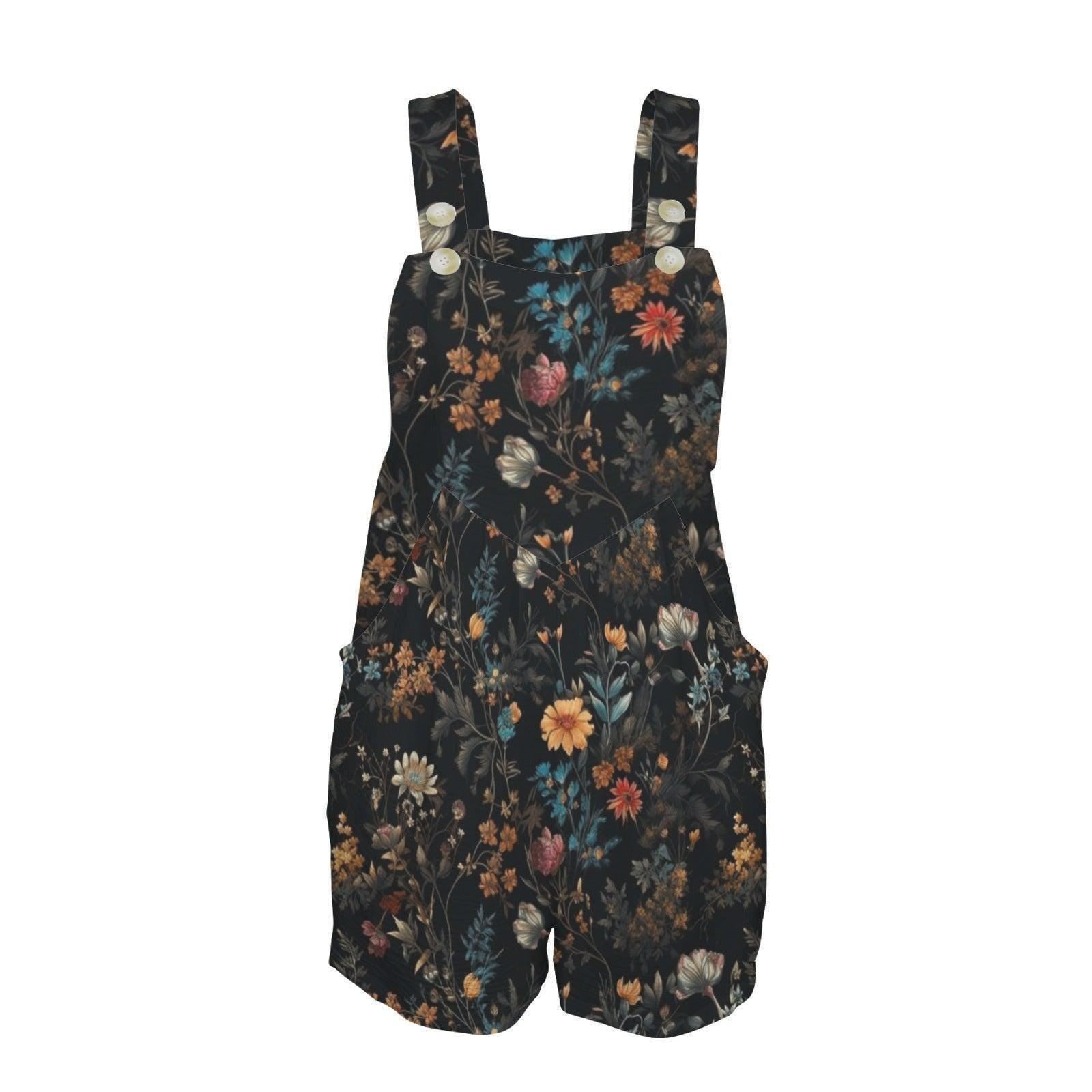 Dark Floral Romper, Boho Square Neck Shortalls, Cottagecore Summer Outfit