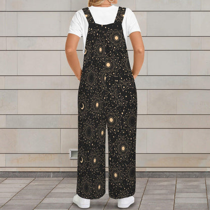 Celestial Moon Sun Wide Leg Jumpsuit, Boho Astrology Print Dungarees, Festival Travel Outfit