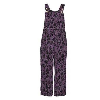 Gothic Floral Overalls for Women, Purple Wide Leg Jumpsuit, Dark Boho Outfit with Pockets