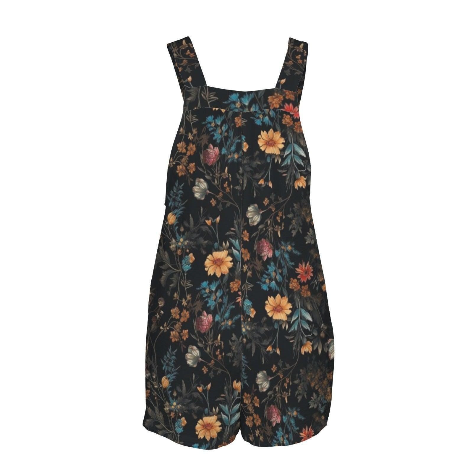 Dark Floral Romper, Boho Square Neck Shortalls, Cottagecore Summer Outfit