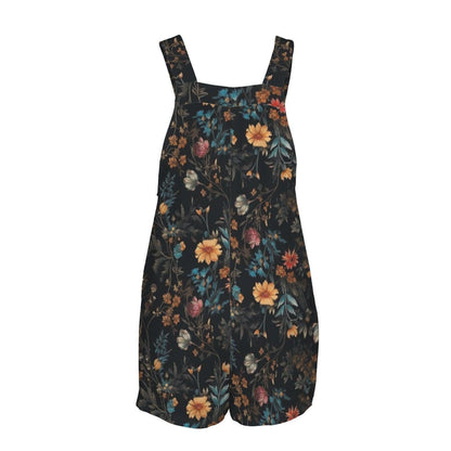 Dark Floral Romper, Boho Square Neck Shortalls, Cottagecore Summer Outfit