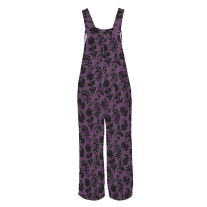 Gothic Floral Overalls for Women, Purple Wide Leg Jumpsuit, Dark Boho Outfit with Pockets