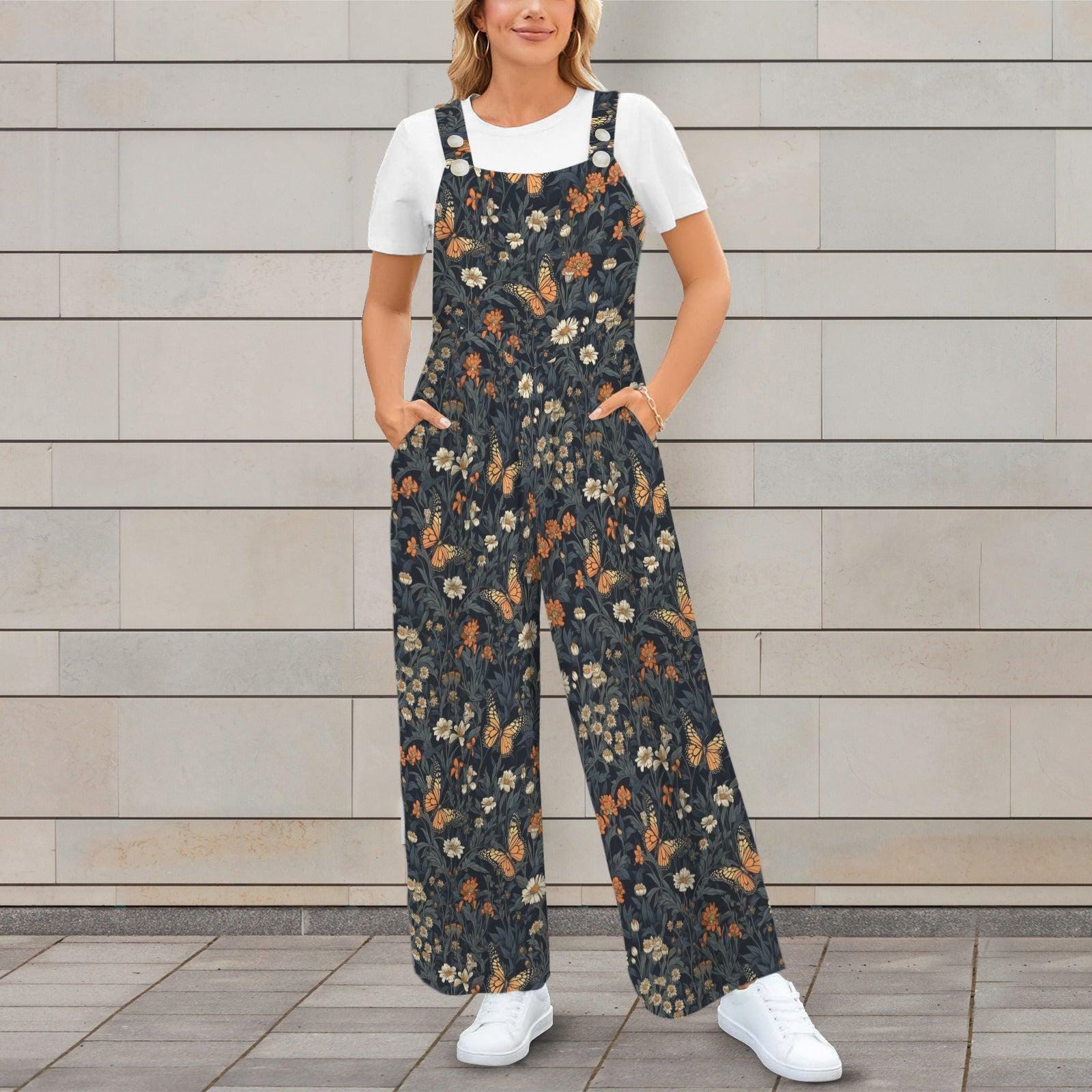 Butterfly Floral Wide Leg Jumpsuit, Boho Meadow Nature Dungarees, Spring Travel Outfit