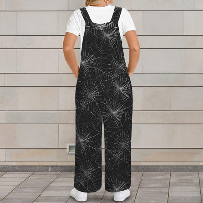 Spider Web Wide Leg Jumpsuit, Gothic Halloween Overalls with Pockets