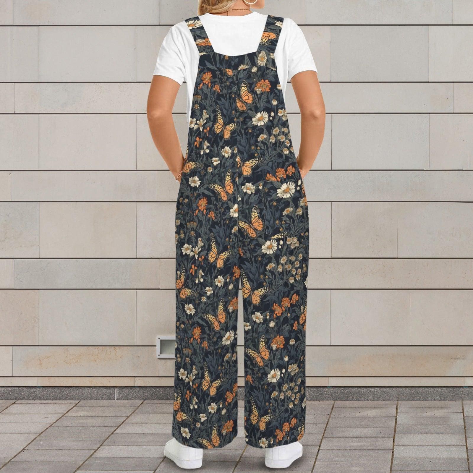 Butterfly Floral Wide Leg Jumpsuit, Boho Meadow Nature Dungarees, Spring Travel Outfit
