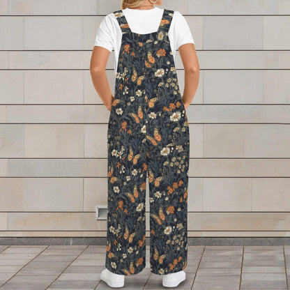 Butterfly Floral Wide Leg Jumpsuit, Boho Meadow Nature Dungarees, Spring Travel Outfit