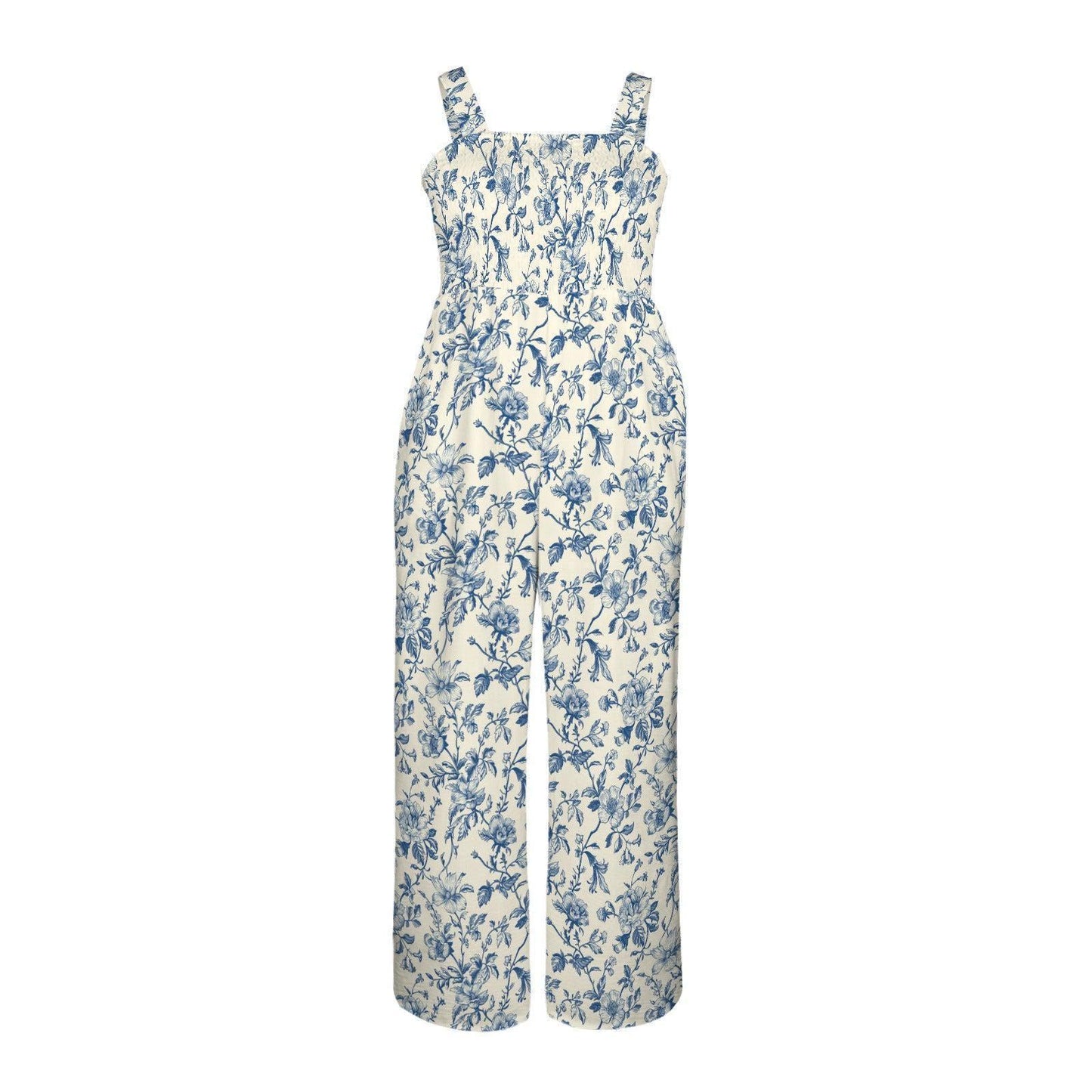 Blue Toile Wide Leg Jumpsuit, French Country Floral Palazzo Outfit