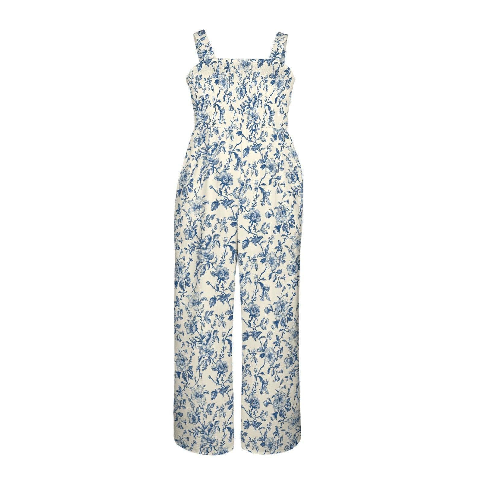 Blue Toile Wide Leg Jumpsuit, French Country Floral Palazzo Outfit