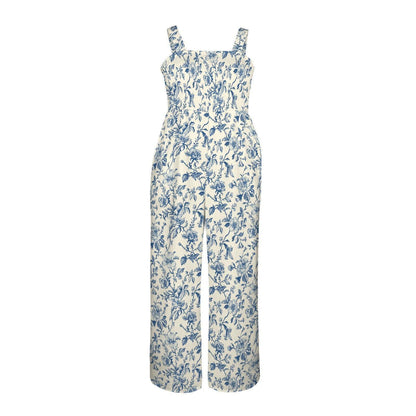 Blue Toile Wide Leg Jumpsuit, French Country Floral Palazzo Outfit