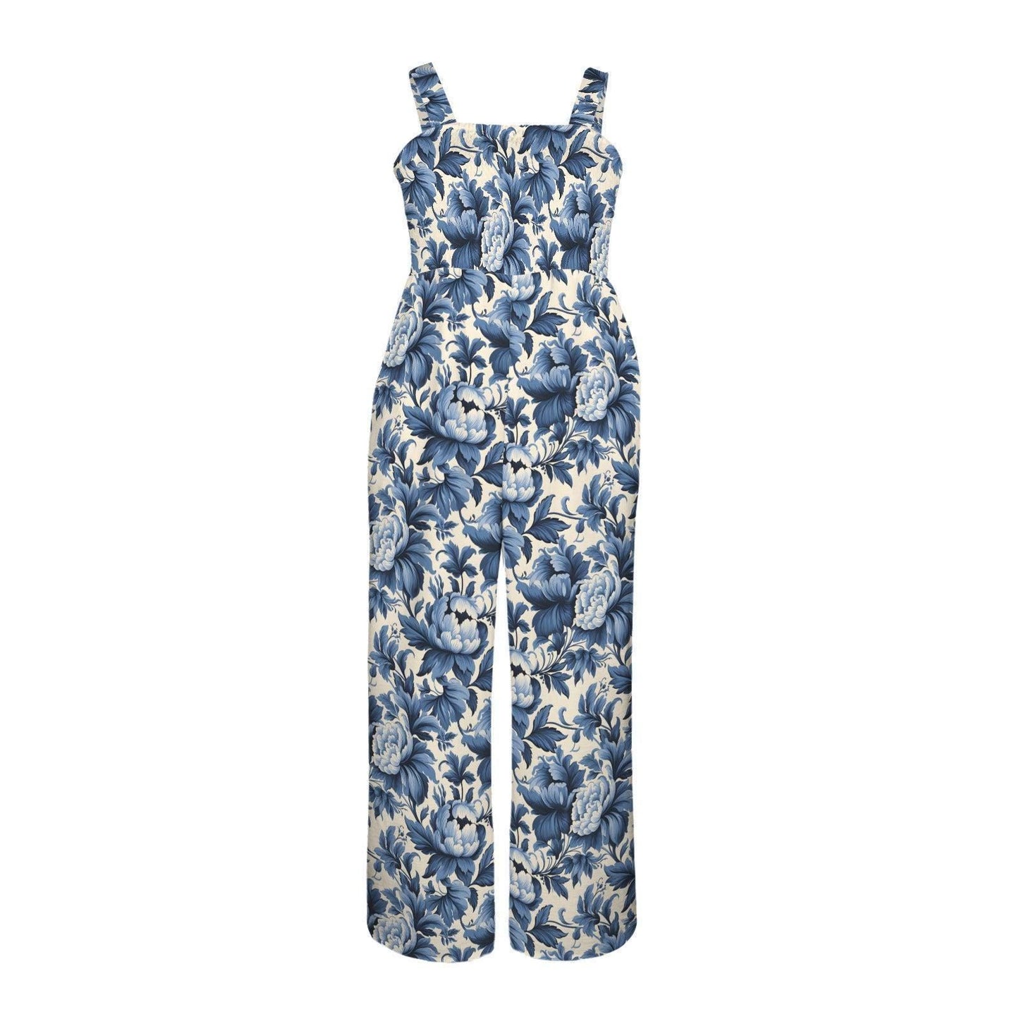 Blue floral wide leg jumpsuit, toile print romper, garden party dress, cottagecore summer outfit