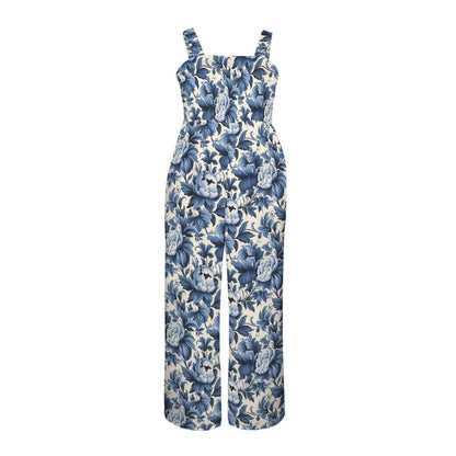 Blue floral wide leg jumpsuit, toile print romper, garden party dress, cottagecore summer outfit
