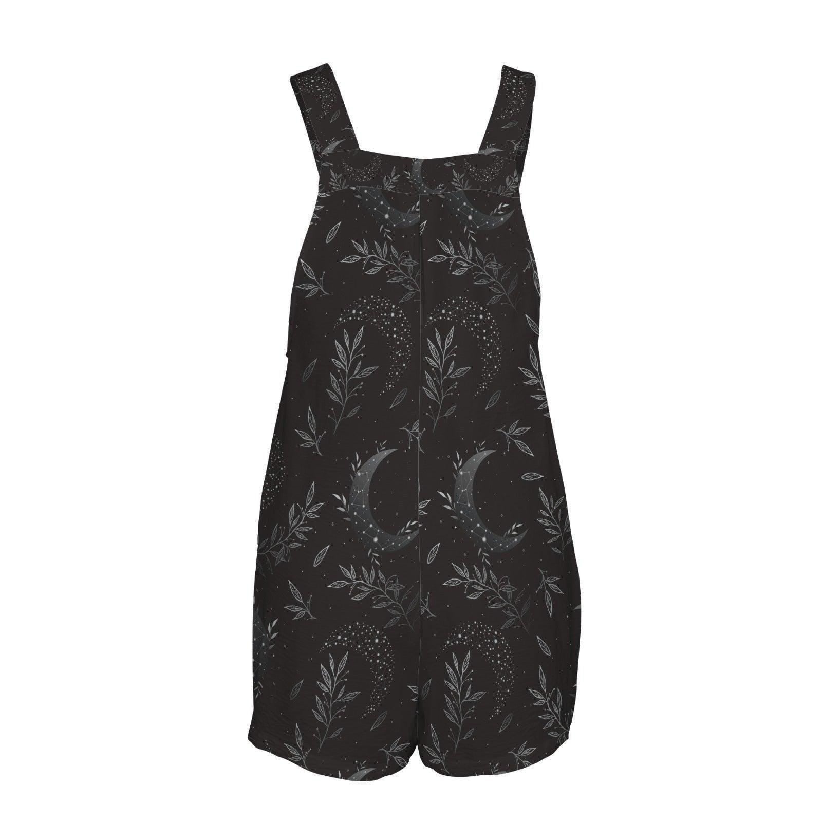 Monochrome Celestial Shortalls, Black Moon Phase Pocket Romper for Women, Minimalist Mystic Overall Playsuit