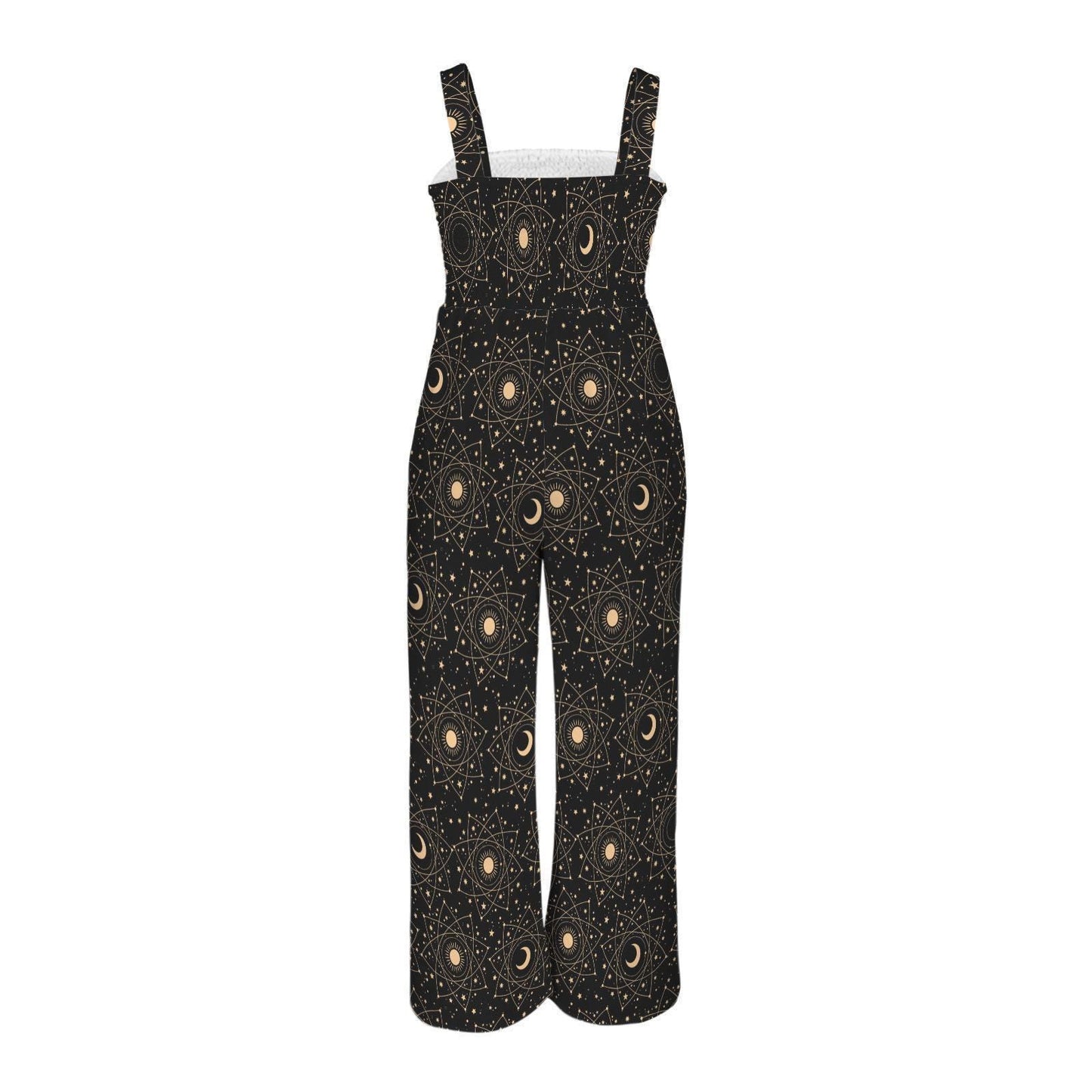 Black Celestial Moon & Stars Wide Leg Jumpsuit, Boho Astrology Romper with Tarot Print