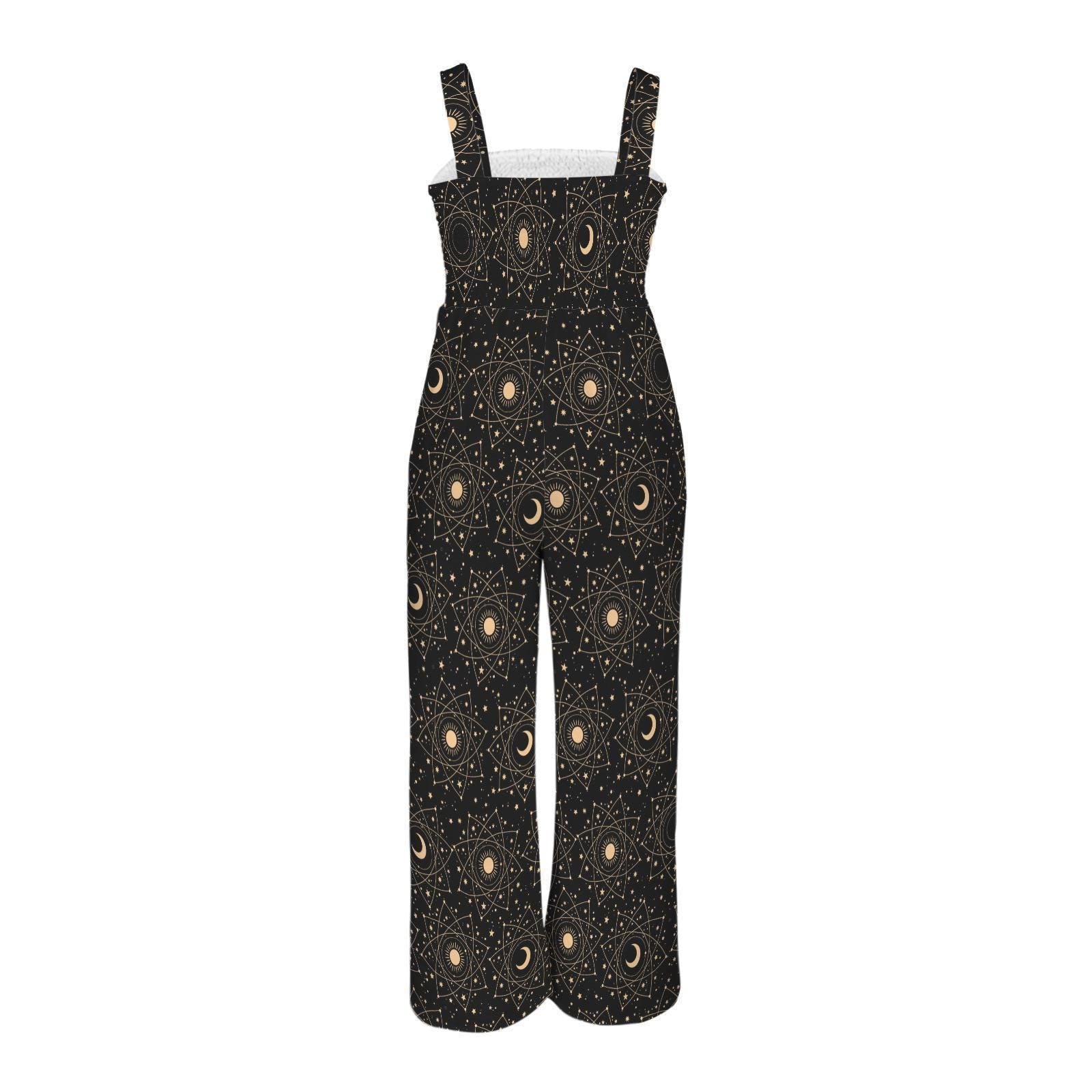 Black Celestial Moon & Stars Wide Leg Jumpsuit, Boho Astrology Romper with Tarot Print