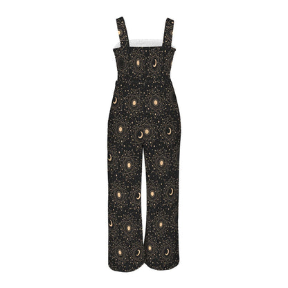 Black Celestial Moon & Stars Wide Leg Jumpsuit, Boho Astrology Romper with Tarot Print