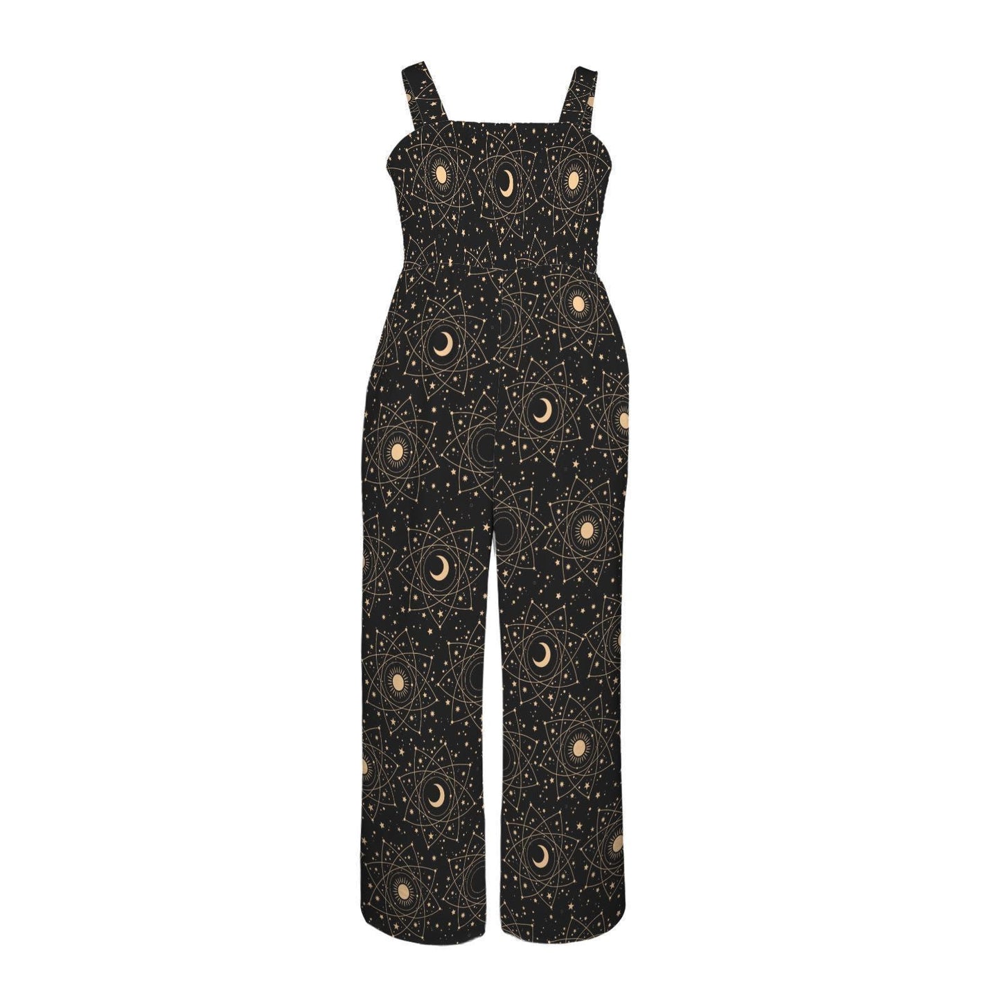 Black Celestial Moon & Stars Wide Leg Jumpsuit, Boho Astrology Romper with Tarot Print