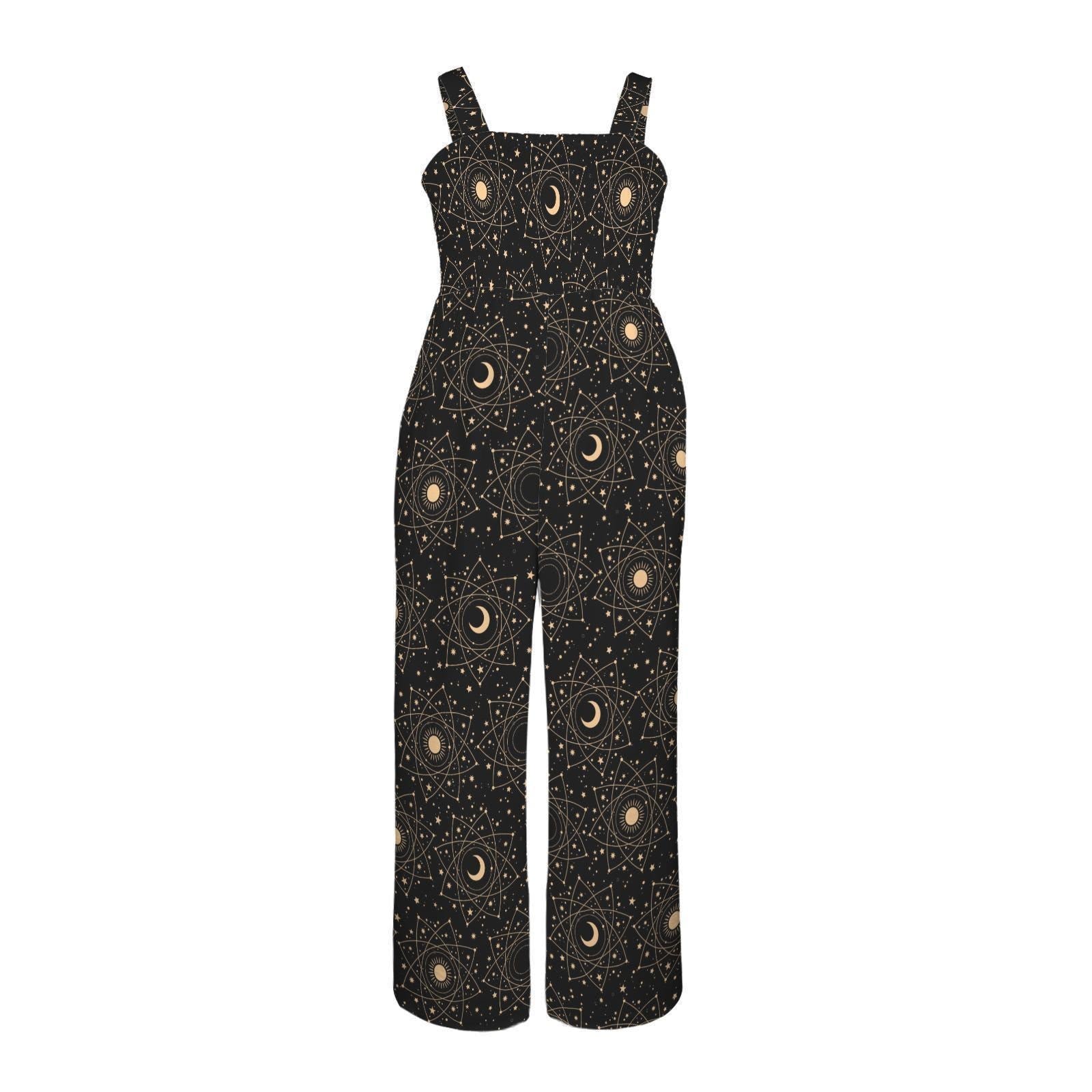 Black Celestial Moon & Stars Wide Leg Jumpsuit, Boho Astrology Romper with Tarot Print