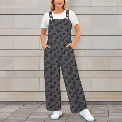 Bat Print Overalls for Women, Halloween Wide Leg Jumpsuit with Pockets, Spooky Casual Outfit