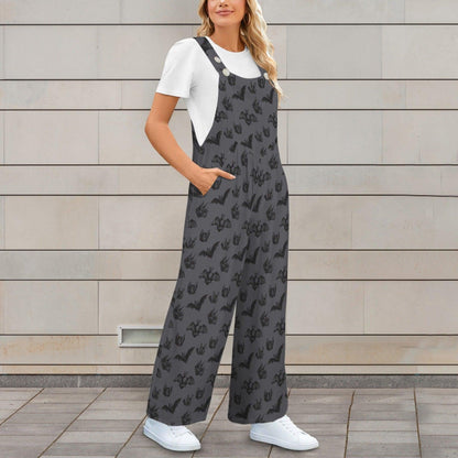 Bat Print Overalls for Women, Halloween Wide Leg Jumpsuit with Pockets, Spooky Casual Outfit
