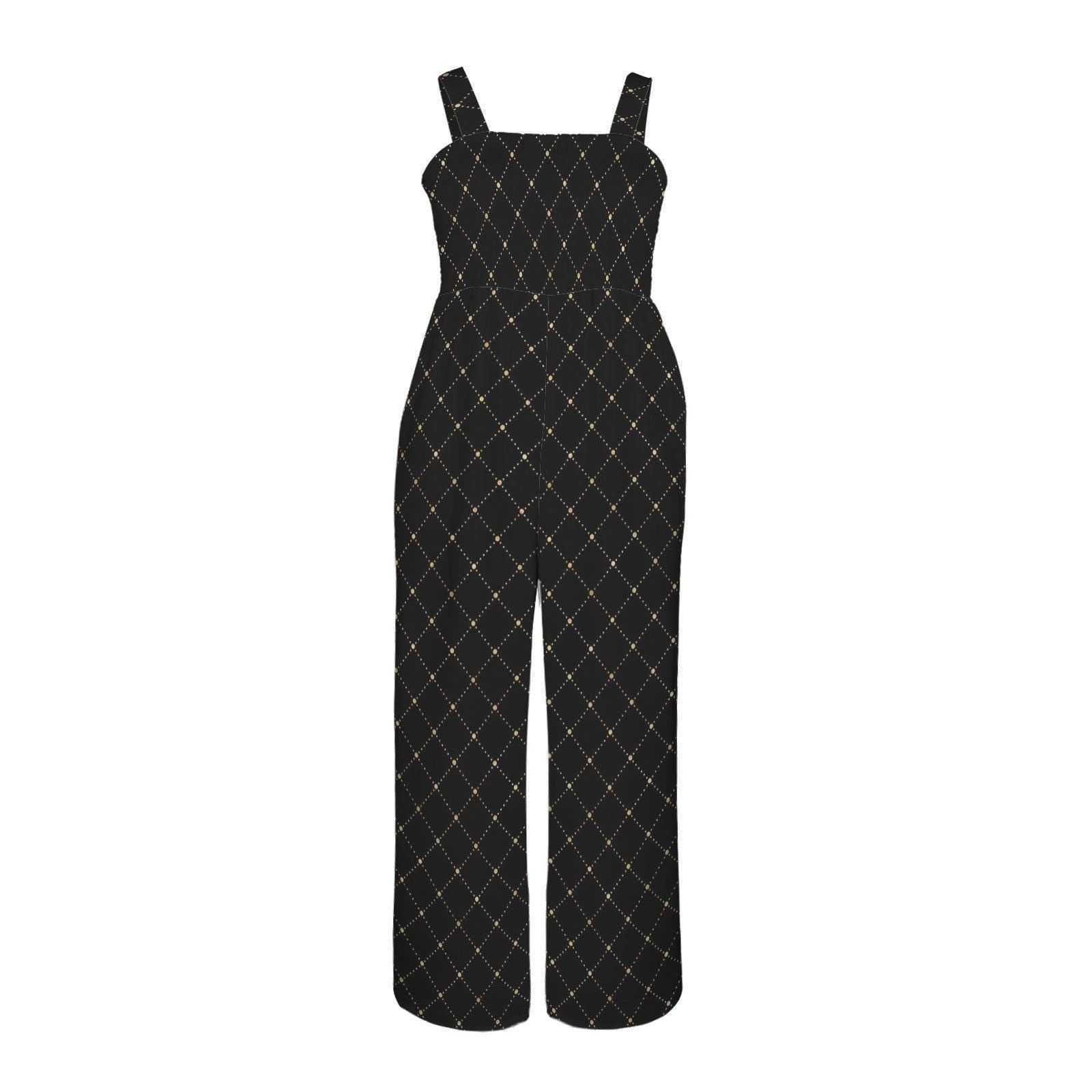 Black Gold Lattice Wide Leg Jumpsuit, Elegant Palazzo One Piece, Luxe Resort Outfit