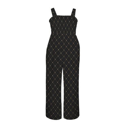 Black Gold Lattice Wide Leg Jumpsuit, Elegant Palazzo One Piece, Luxe Resort Outfit
