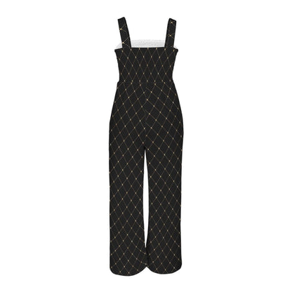Black Gold Lattice Wide Leg Jumpsuit, Elegant Palazzo One Piece, Luxe Resort Outfit
