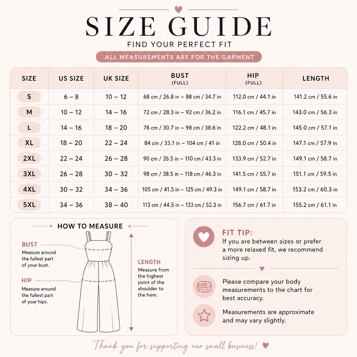 The image is a size guide that provides measurements for different sizes of dresses, including US, UK, and bust sizes. It also includes a "FIT TIP" for those who are between sizes or prefer a more fitted look. The guide suggests measuring around the bust and hips to get the best fit. The measurements are approximate and may vary slightly. The image is a single, unbroken scene, and there are no additional images or text that can be described in more detail.
