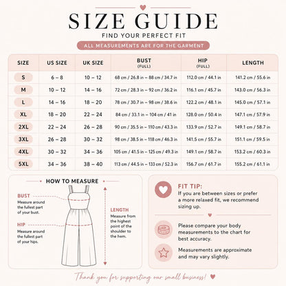 The image is a size guide that provides measurements for different sizes of dresses, including US, UK, and bust sizes. It also includes a "FIT TIP" for those who are between sizes or prefer a more fitted look. The guide suggests measuring around the bust and hips to get the best fit. The measurements are approximate and may vary slightly. The image is a single, unbroken scene, and there are no additional images or text that can be described in more detail.