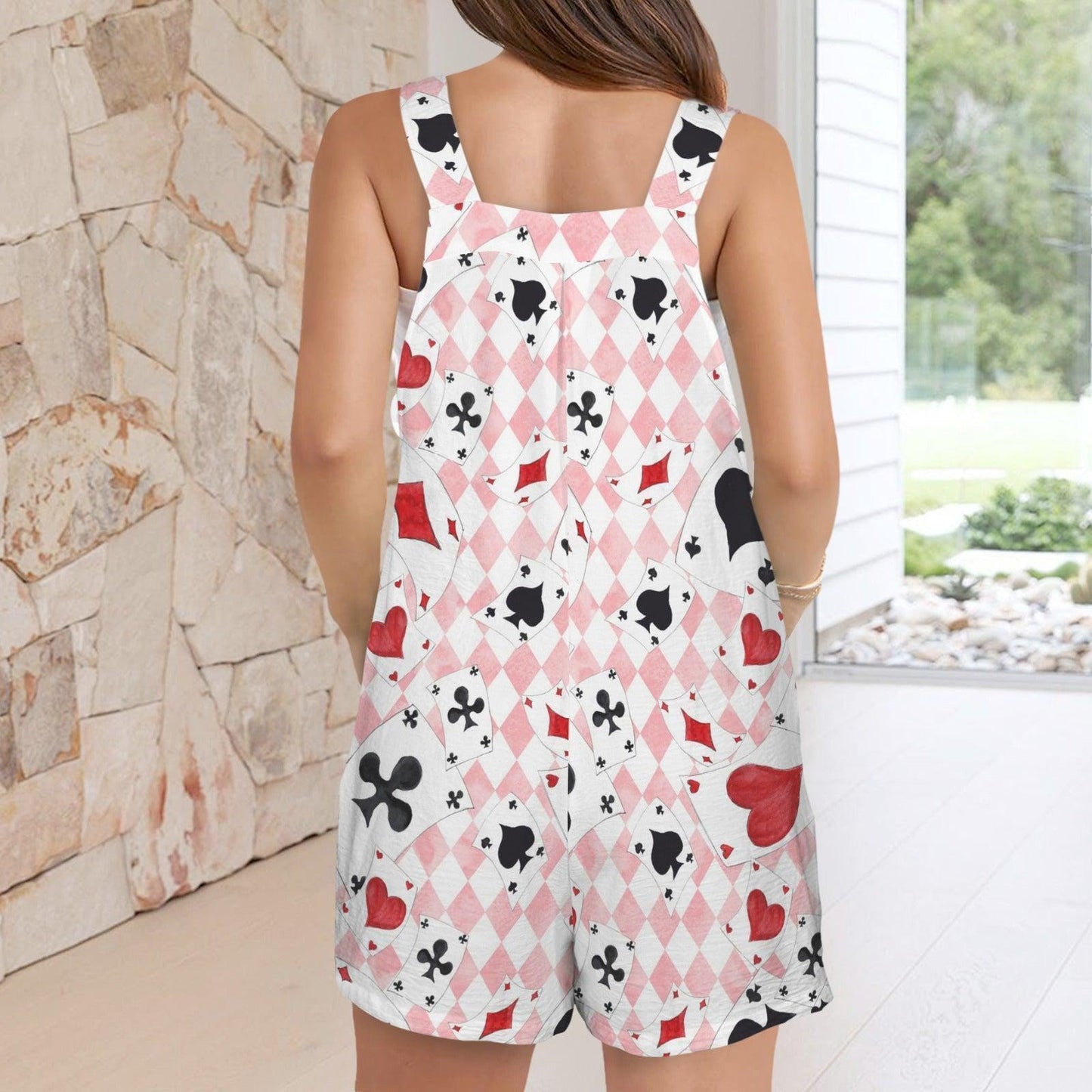 Pink Harlequin Playing Card Shortall Romper, Women's Casino Outfit, Heart Suit Print