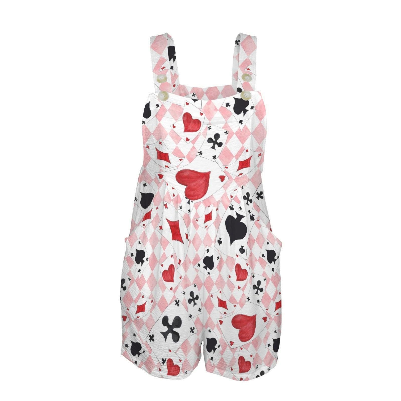 Pink Harlequin Playing Card Shortall Romper, Women's Casino Outfit, Heart Suit Print