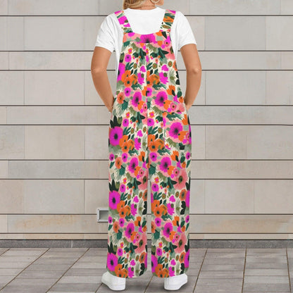 Floral Wide Leg Jumpsuit, Retro Flower Dungarees, Boho Spring Outfit